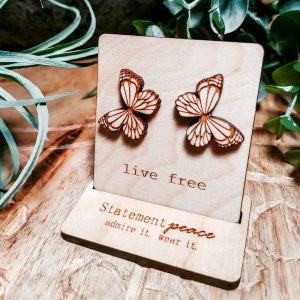 butterfly stud earrings, wooden jewelry by statement peace