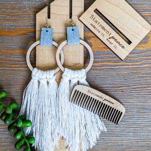 wooden earrings with cotton fringe and denim with wooden comb